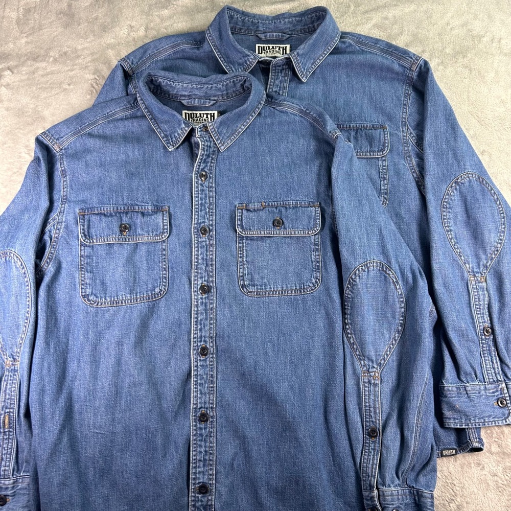 Duluth Trading Co Mens Medium Wash Denim Shirt Elbow Patches XL